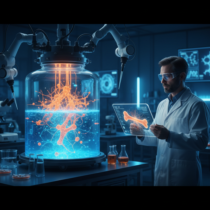 Bone regeneration research using bioactive glass and stem cells in a futuristic lab setting.