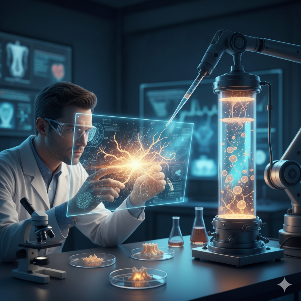 Scientist examining stem cell growth on bioactive glass in a lab