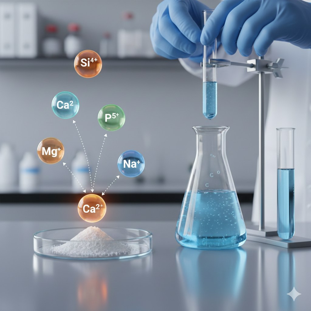 Bioactive glass ion release process illustrated with ions dissolving from powder into solution